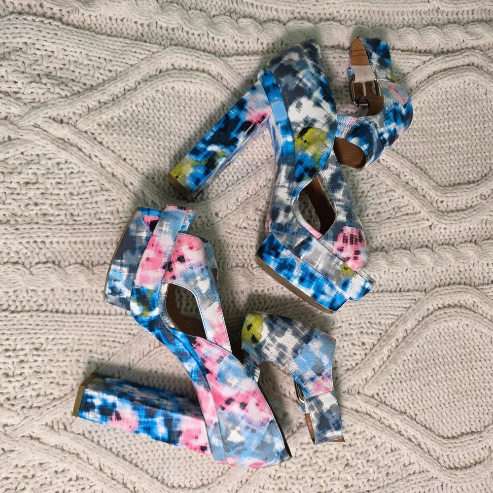 Jeffrey‎ Campbell Ibiza Platform WILD Heels Blue Pink Abstract Women 8 Excellent